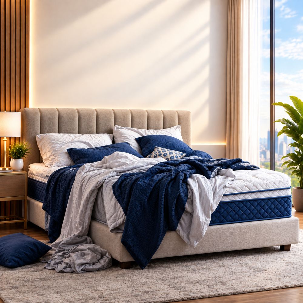 A rumpled, unmade bed on an old mattress
